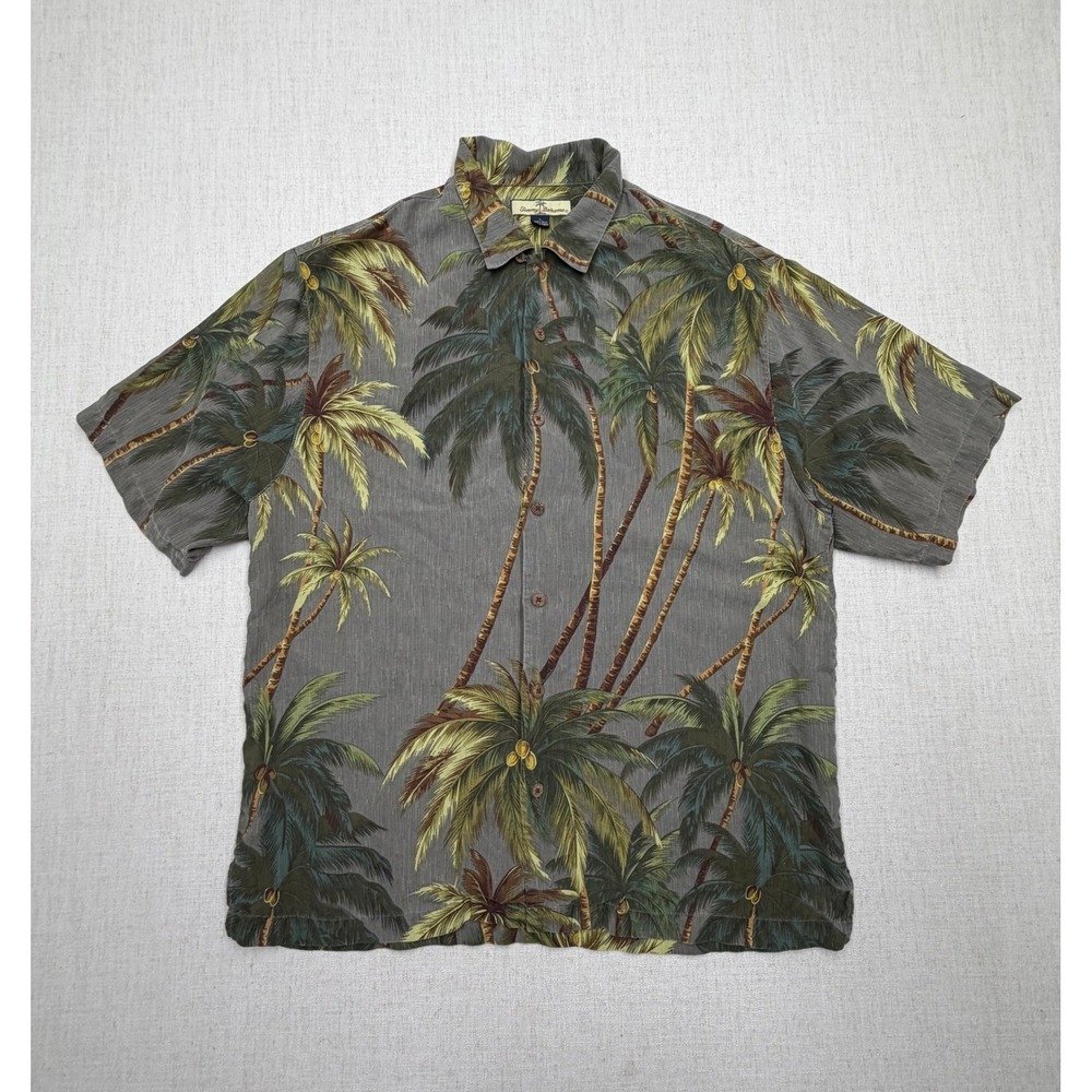 Tommy Bahama Relax Mens L Silk Palm Tree Tropical Camp Shirt Grey Short Sleeve